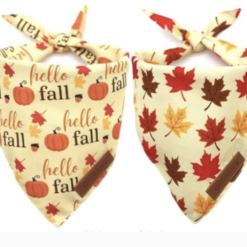 Realeaf Fall Dog Bandanas 2 Pack, Pumpkin and Leaf Print Premium Durable Fabric